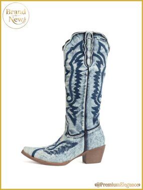 Denim Cowboy Boots Knee High Embroidered Pointed Toe Chunky Heel Western Boots